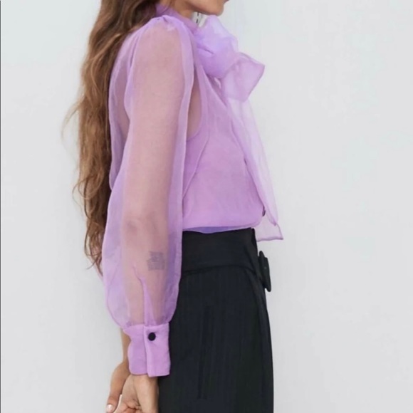 Zara Lavender Sheer Bow-Tie Blouse - Picture 7 of 16